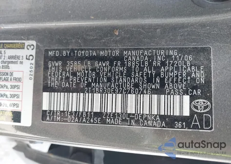 2007 Toyota Corolla Le from USA, damaged, VIN 2T1BR30E97C760746